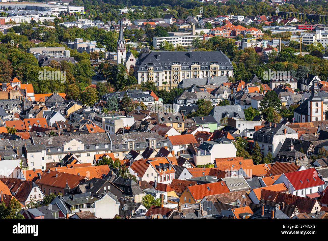 cityscape of spa town Bad Nauheim, Hesse, Germany, view to catholic Saint Bonifatius chruch and the former Grand Hotel Stock Photo
