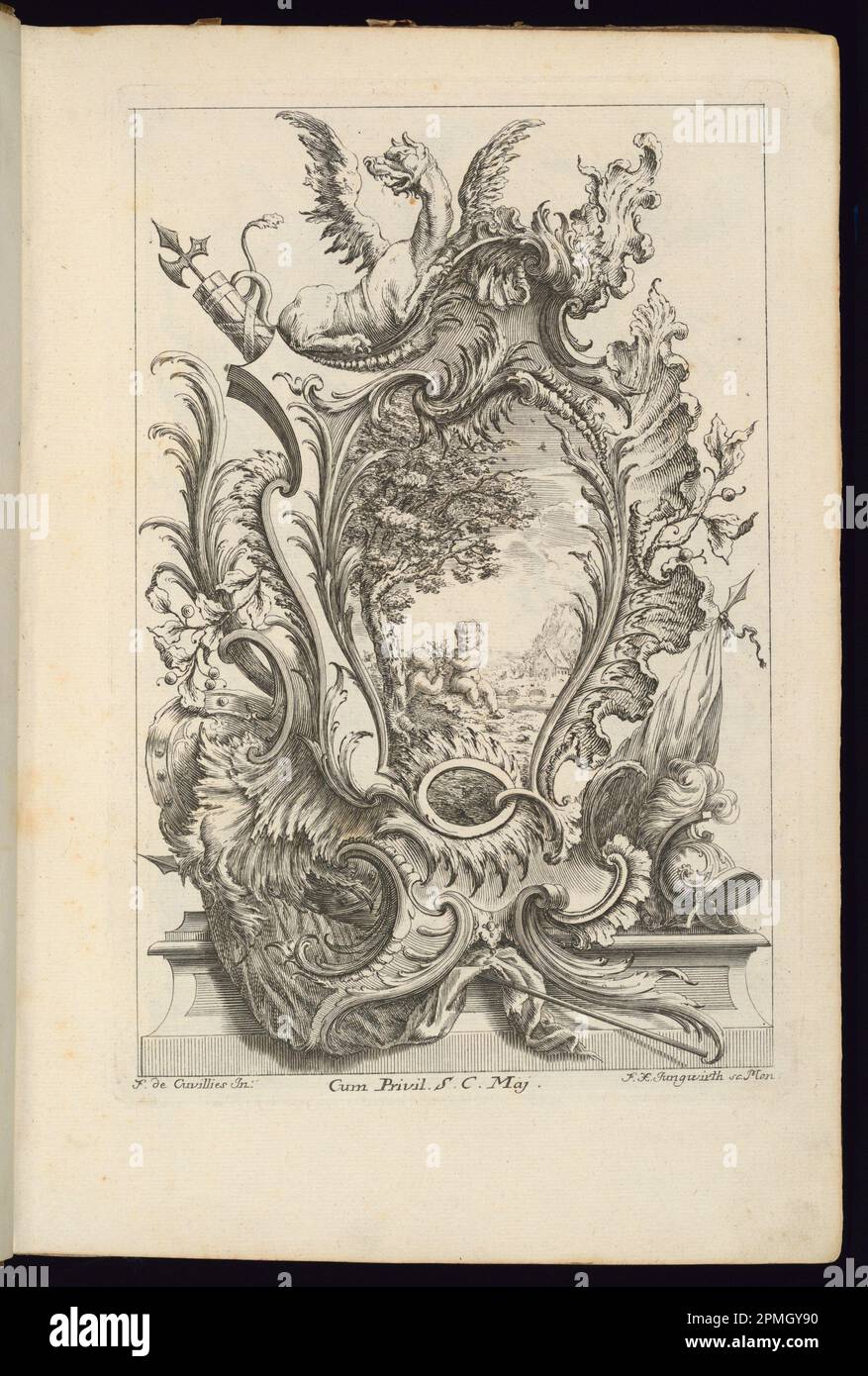Bound Print, Cartouche with a Dragon and Armorial Trophy; Designed by François de Cuvilliés the Elder (Belgian, active Germany, 1695 - 1768); Print Maker: Franz Xaver Andreas Jungwierth (German, 1720–1790); Germany; etching and engraving on paper; 28.4 × 19 cm (11 3/16 × 7 1/2 in.) Stock Photo