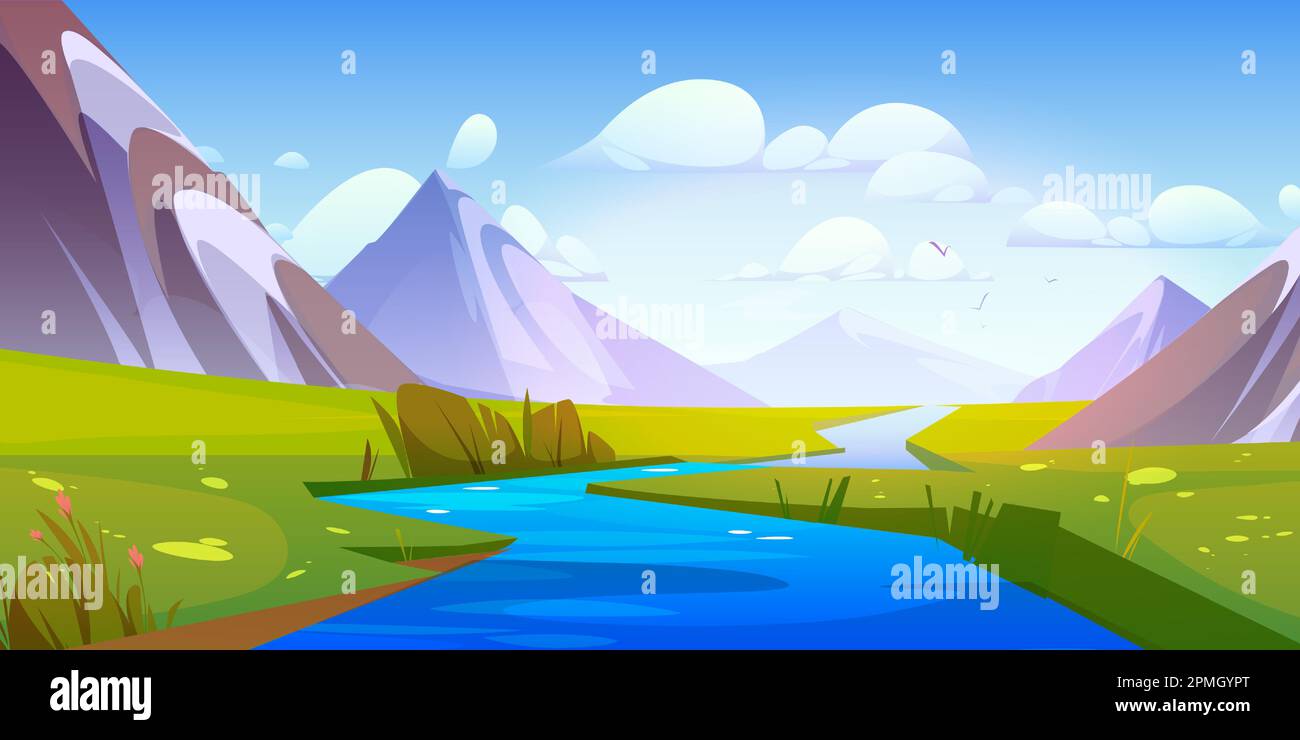 River water stream and mountain view landscape illustration. Beautiful ...