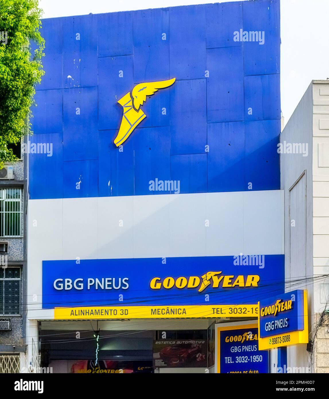 Rio de Janeiro, Brazil - April 4, 2023: Logo of Goodyear tires on a business named GBG Pneus. Stock Photo