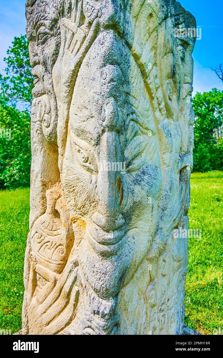 Images of pagan Slavic Gods on stone Idol, Sofiyivka Park, Uman, Ukraine Stock Photo