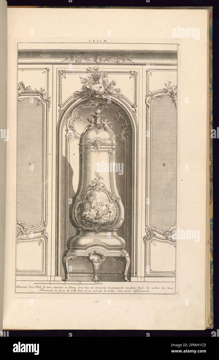Print, Dessein d'un Poële de Terre Vernissée en Blanc…Différemment; Designed by François de Cuvilliés the Elder (Belgian, active Germany, 1695 - 1768); Germany; etching and engraving on off-white laid paper; Platemark: 35.8 x 23 cm (14 1/8 x 9 1/16 in.) Sheet: 44 x 28.6 cm (17 5/16 x 11 1/4 in.) Stock Photo