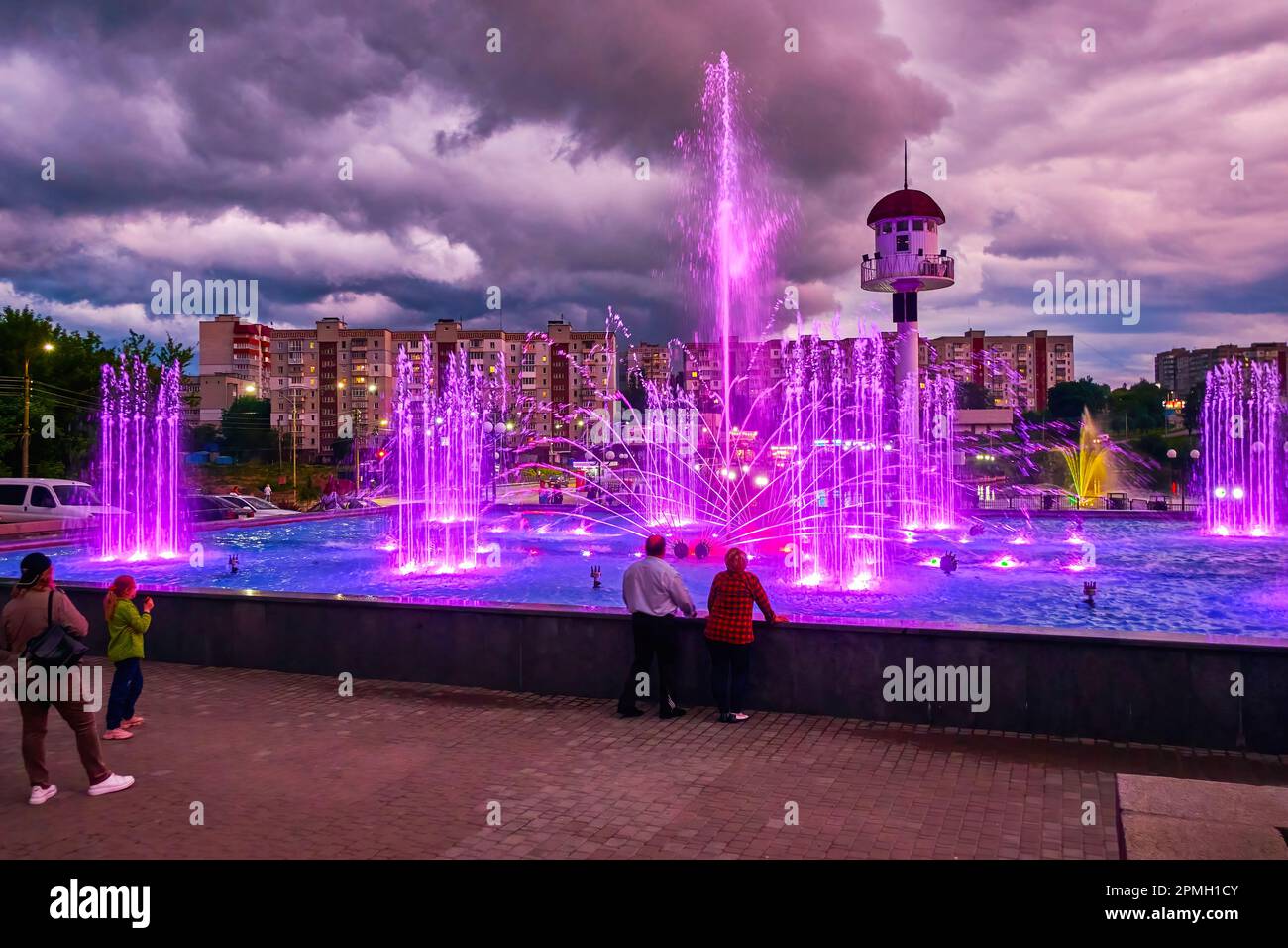 The night view on 'Pearl of Love' fountain in central park of Uman, Ukraine Stock Photo