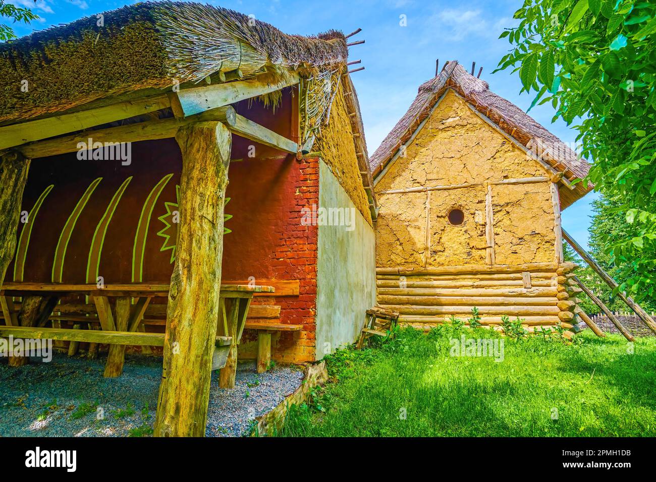 Trypil settlement with adobe houses in open air Trypil culture museum in Talne village, Ukraine Stock Photo