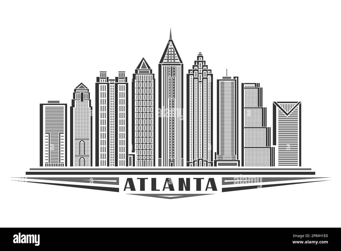 Vector illustration of Atlanta, monochrome horizontal card with linear design atlanta city scape, american urban line art concept with decorative lett Stock Vector