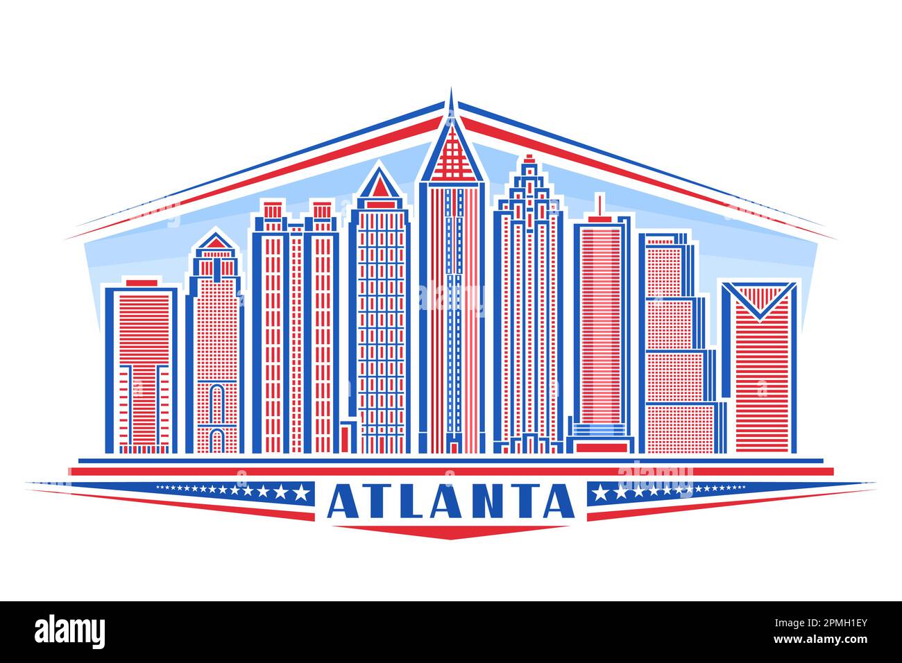 Vector illustration of Atlanta, horizontal badge with linear design famous georgian atlanta city scape on day sky background, red urban line art conce Stock Vector