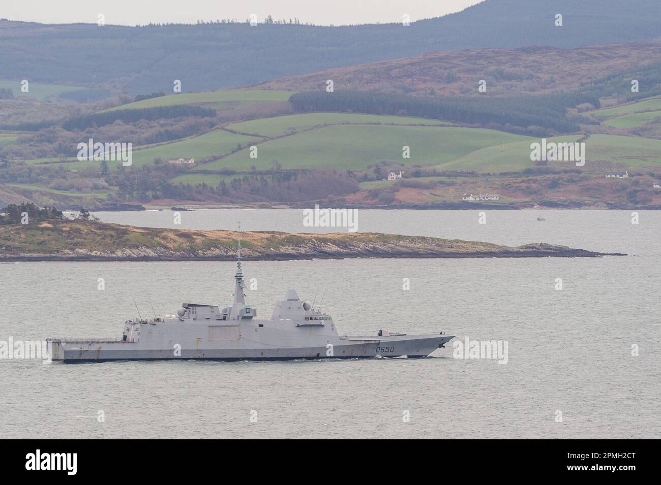 Glengarriff, West Cork, Ireland. 13th Apr, 2023. The French NATO frigate 'Aquitaine', which had been sheltering in Bantry Bay, off Glengarriff, has sailed out to sea. The warship changed her course from Oslo, Norway to an undisclosed location on Monday to shelter from Storm Noa, which hit the region on Wednesday. Credit: AG News/Alamy Live News Stock Photo