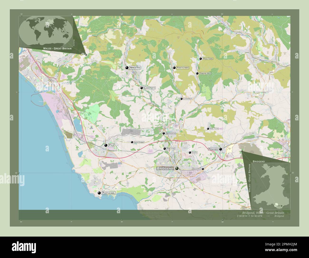 Bridgend, region of Wales - Great Britain. Open Street Map. Locations and names of major cities of the region. Corner auxiliary location maps Stock Photo