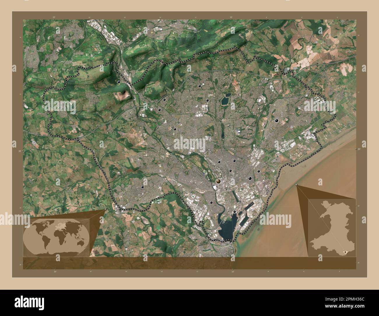 Cardiff, region of Wales - Great Britain. Low resolution satellite map. Locations of major cities of the region. Corner auxiliary location maps Stock Photo