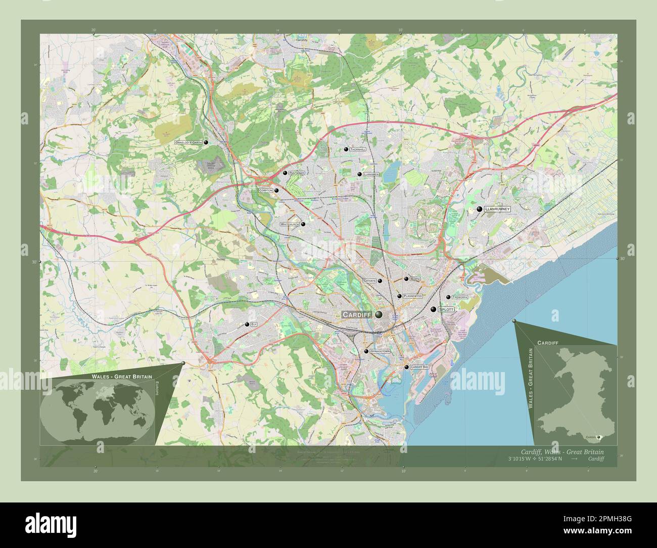 Cardiff, region of Wales - Great Britain. Open Street Map. Locations and names of major cities of the region. Corner auxiliary location maps Stock Photo