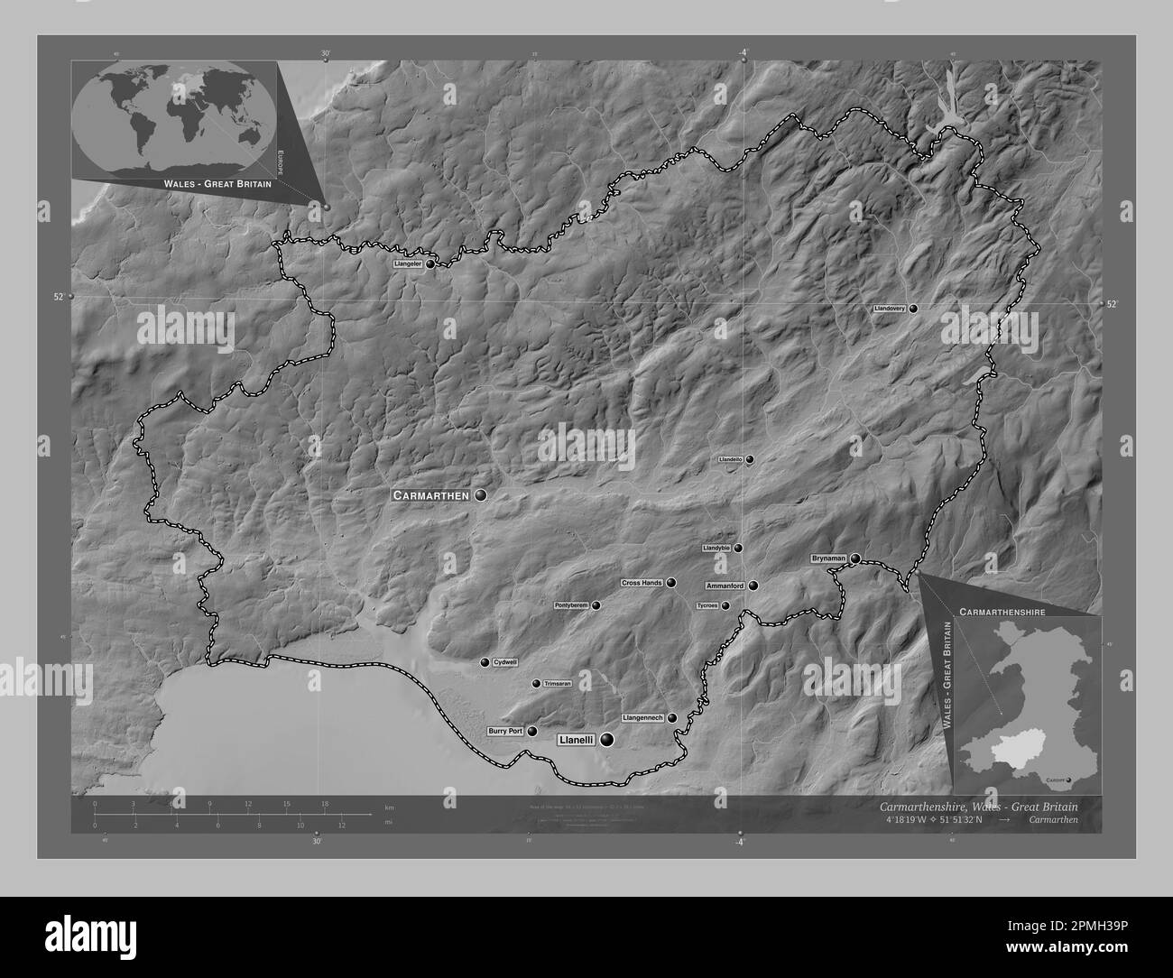 Wals Rivers Carmarthenshire, region of Wales - Great Britain. Grayscale elevation ...