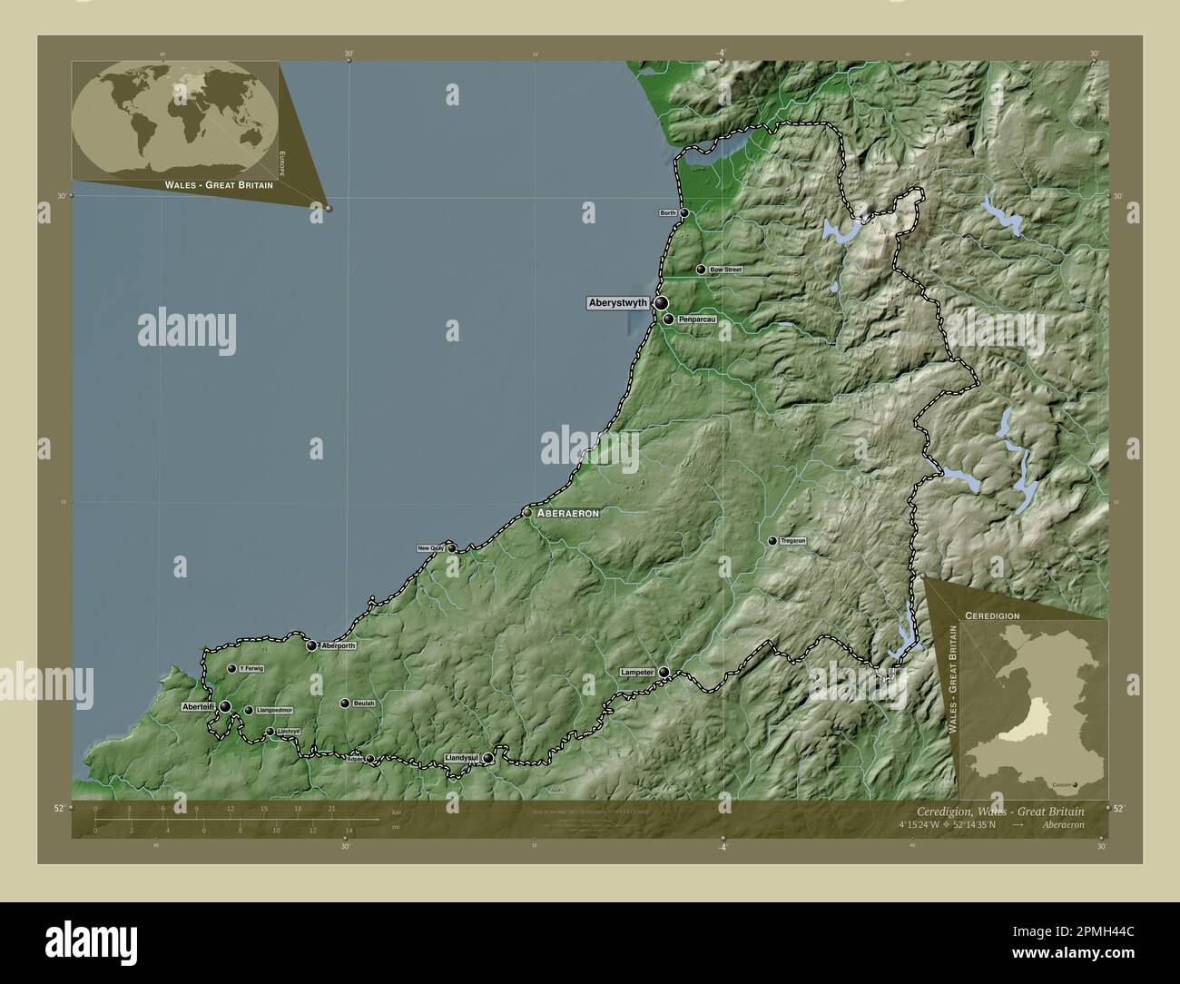 Ceredigion, region of Wales Great Britain. Elevation map colored in wiki style with lakes and