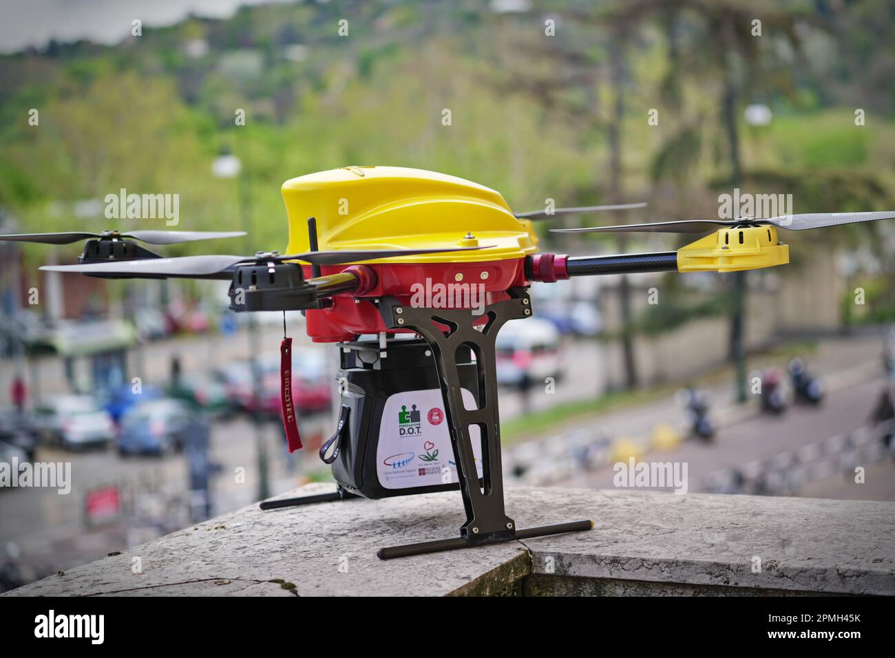 A drone used in healthcare, specially designed to transport biological material and organs for transplantation. Turin, Italy - April 2023 Stock Photo