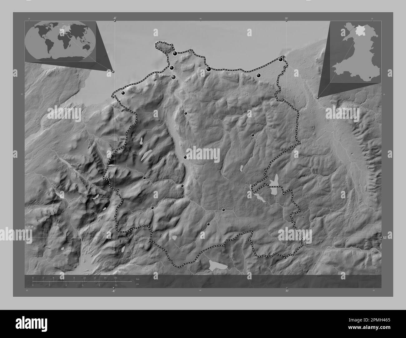 Conwy, region of Wales - Great Britain. Grayscale elevation map with ...