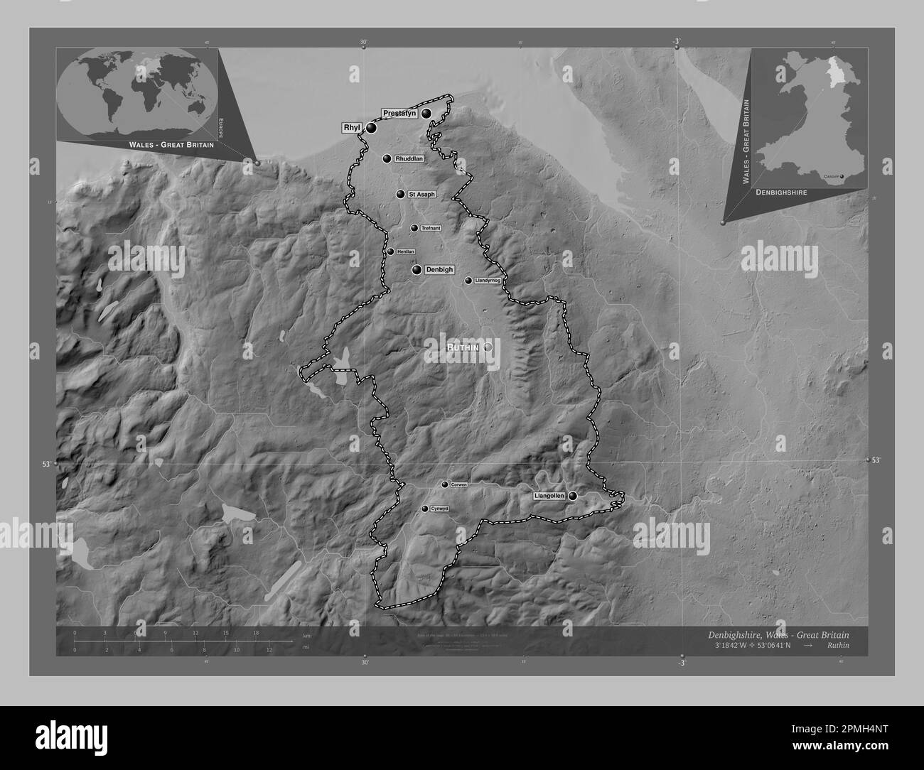 Denbighshire Region Of Wales Great Britain Grayscale Elevation Map   Denbighshire Region Of Wales Great Britain Grayscale Elevation Map With Lakes And Rivers Locations And Names Of Major Cities Of The Region Corne 2PMH4NT 