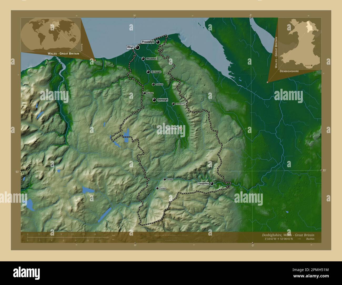 Denbighshire Region Of Wales Great Britain Colored Elevation Map   Denbighshire Region Of Wales Great Britain Colored Elevation Map With Lakes And Rivers Locations And Names Of Major Cities Of The Region Corner 2PMH51M 