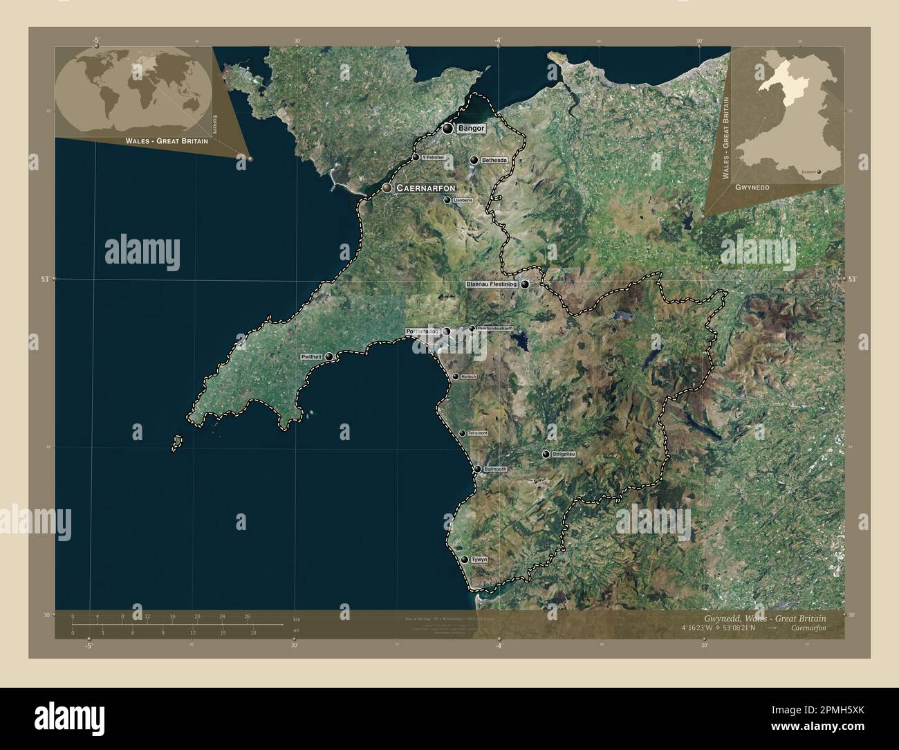 Gwynedd, region of Wales Great Britain. High resolution satellite map. Locations and names of