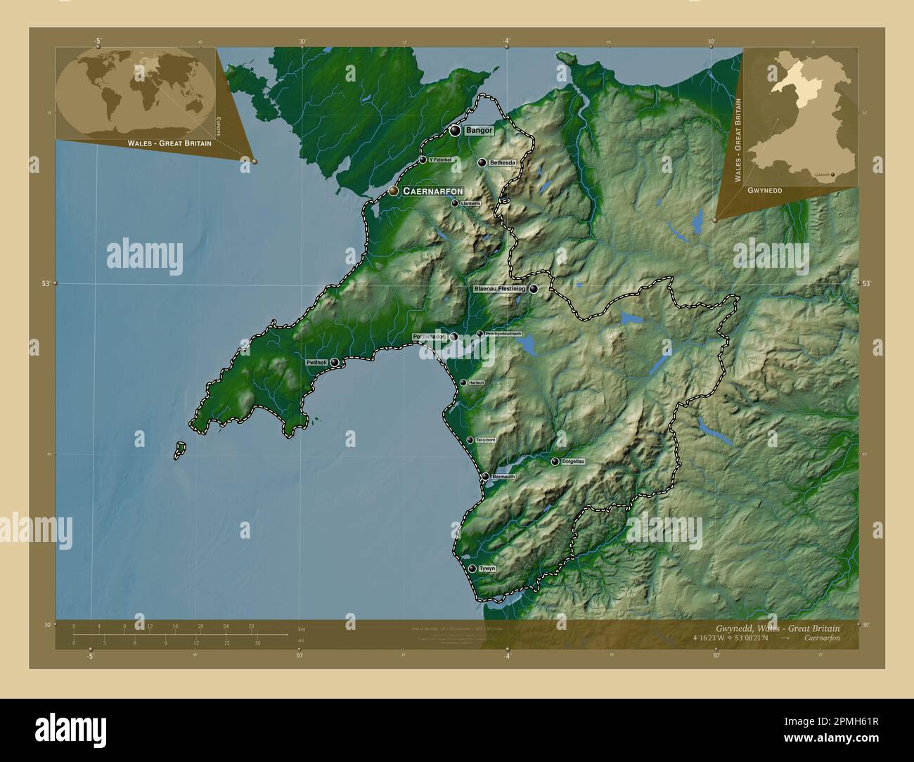 Gwynedd, region of Wales Great Britain. Colored elevation map with lakes and rivers. Locations