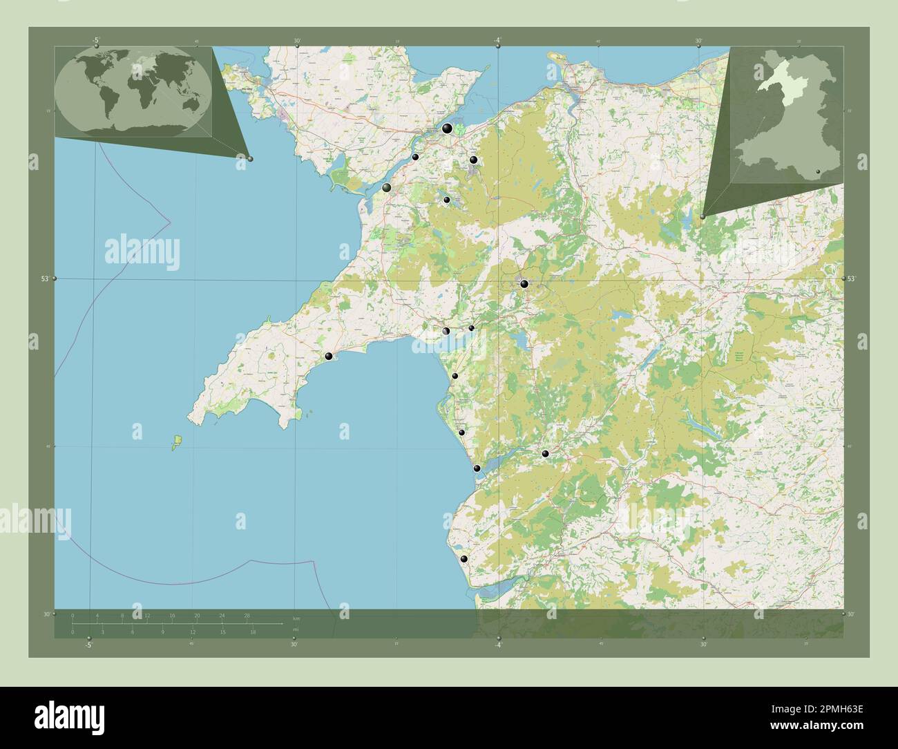 Gwynedd, region of Wales Great Britain. Open Street Map. Locations of major cities of the