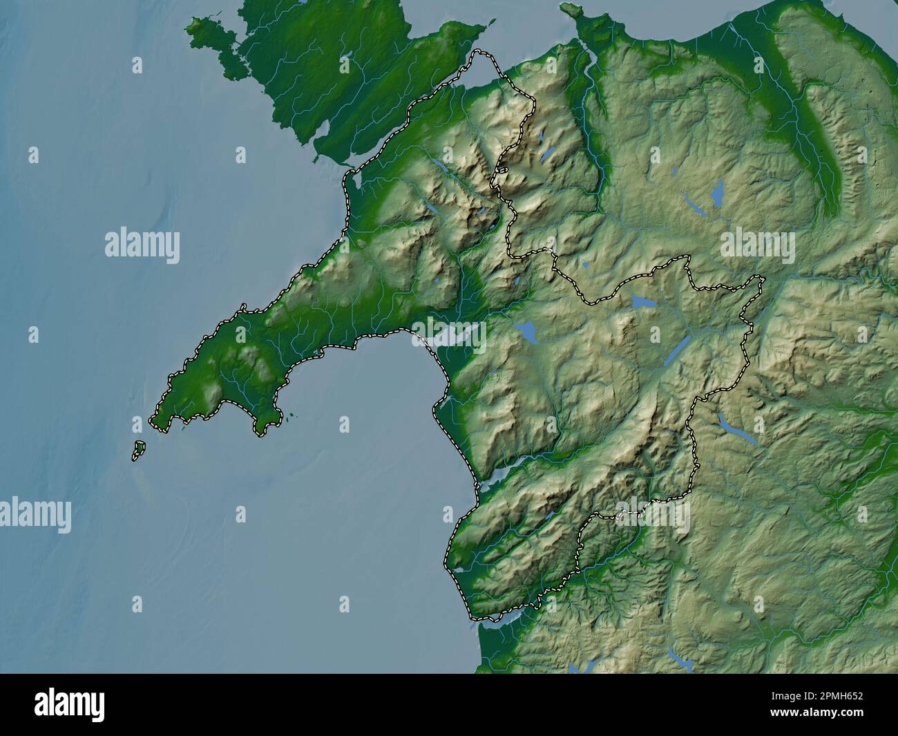 Gwynedd, region of Wales - Great Britain. Colored elevation map with lakes and rivers Stock Photo