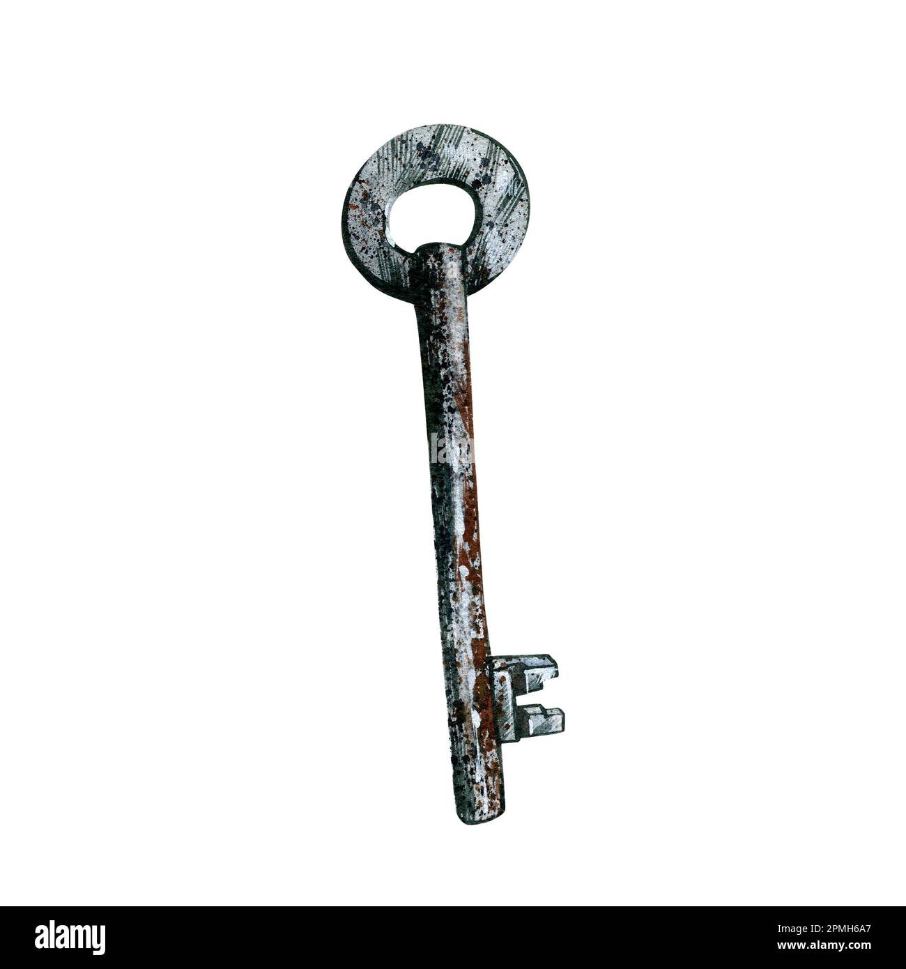 Rusty retro style metal steel key isolated on white background