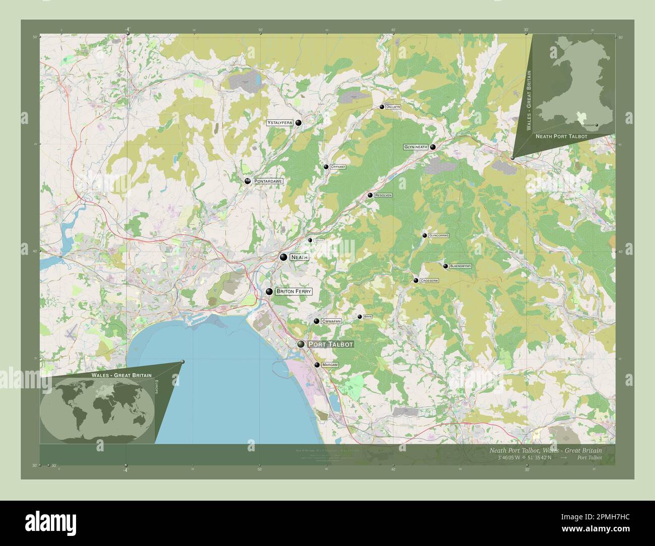 Neath Port Talbot, region of Wales Great Britain. Open Street Map. Locations and names of