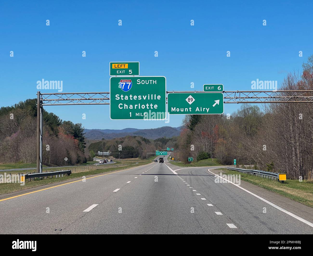 highway sign on I-77 south, near Mount Airy, North Carolina, USA Stock Photo