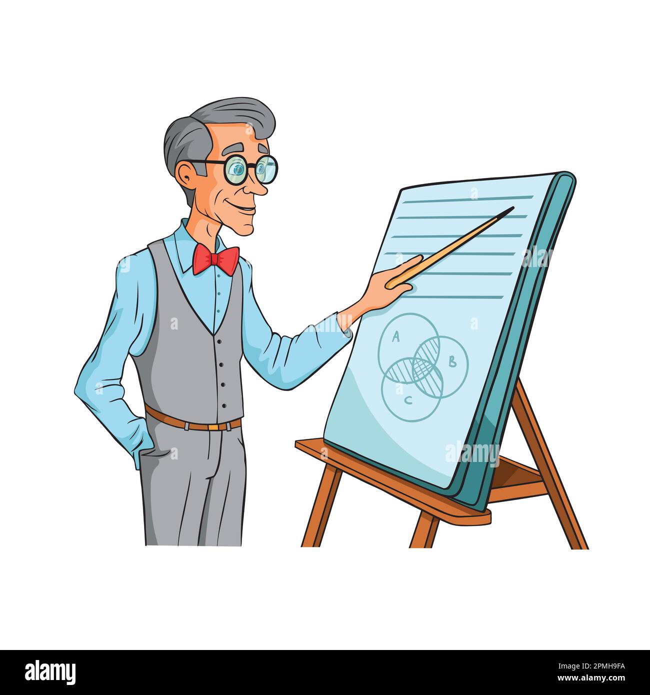 Teacher standing in front of blank board vector illustration. Male school teacher on white blackboard. Stock Vector