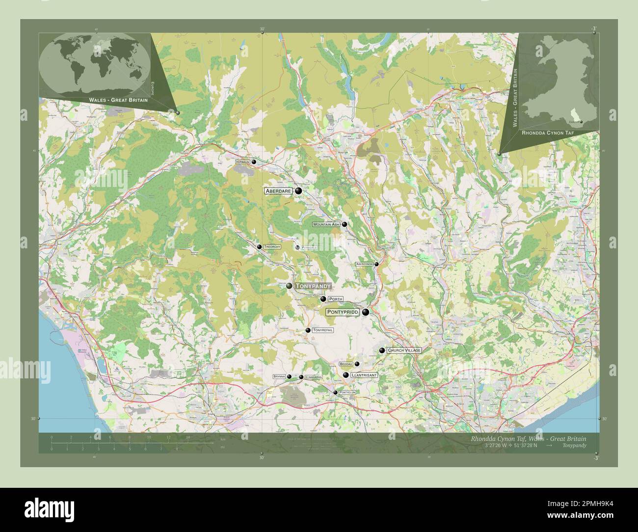 Rhondda Cynon Taf, region of Wales Great Britain. Open Street Map. Locations and names of