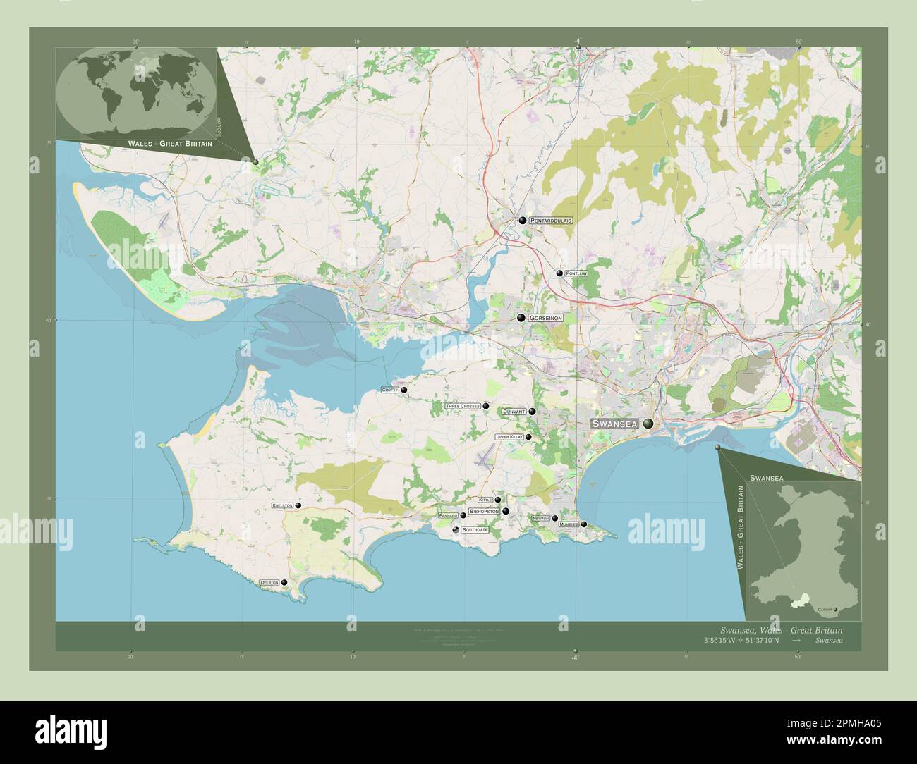 Swansea, region of Wales Great Britain. Open Street Map. Locations