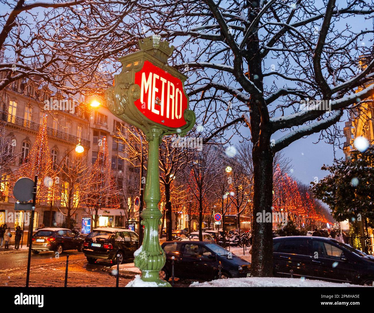 Paris, Metro Entrance, Sign, Street Scene, Subway Station FDR, Night, Lights, Winter Snow, RATP Line 1 vintage Stock Photo