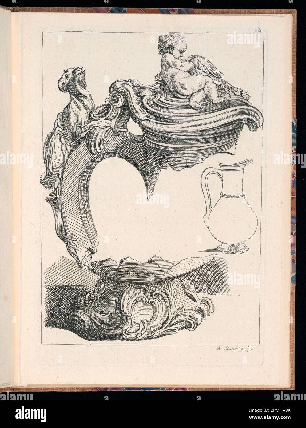 Bound Print, Ornamental Vase Design; Designed by François Boucher (French, 1703–1770); Print Maker: A. Bouchet (French, active ca. 1730-1740); Published by Chez Le Pere et Avaulez; France; etching on cream laid paper Stock Photo
