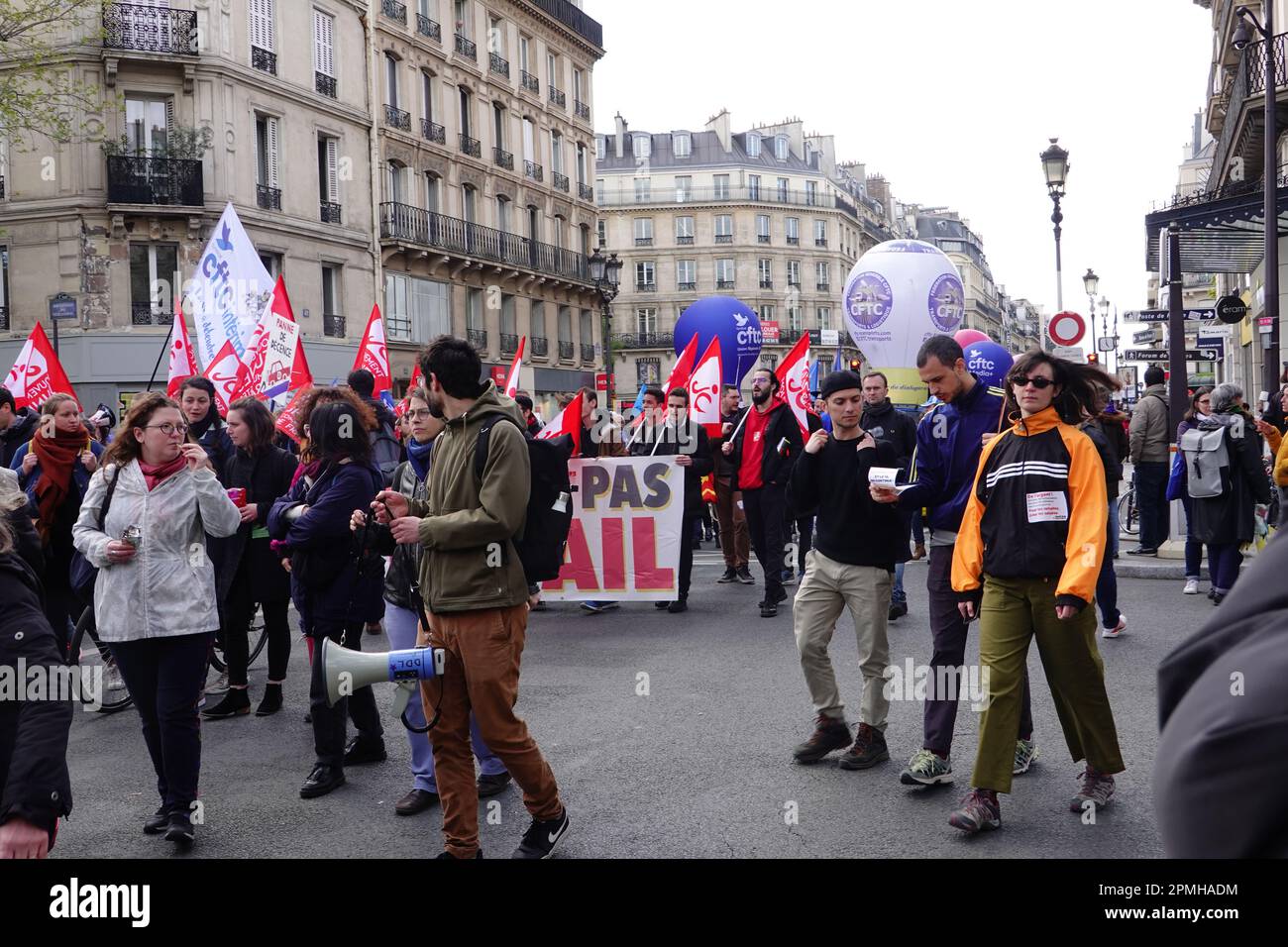 Paris, France, April 13, 2023, protests, demonstrations against President Emmanuel Macron, on Rue de Rivoli on the eve of the constitutionality of the newest Pension Reform vote. Stock Photo