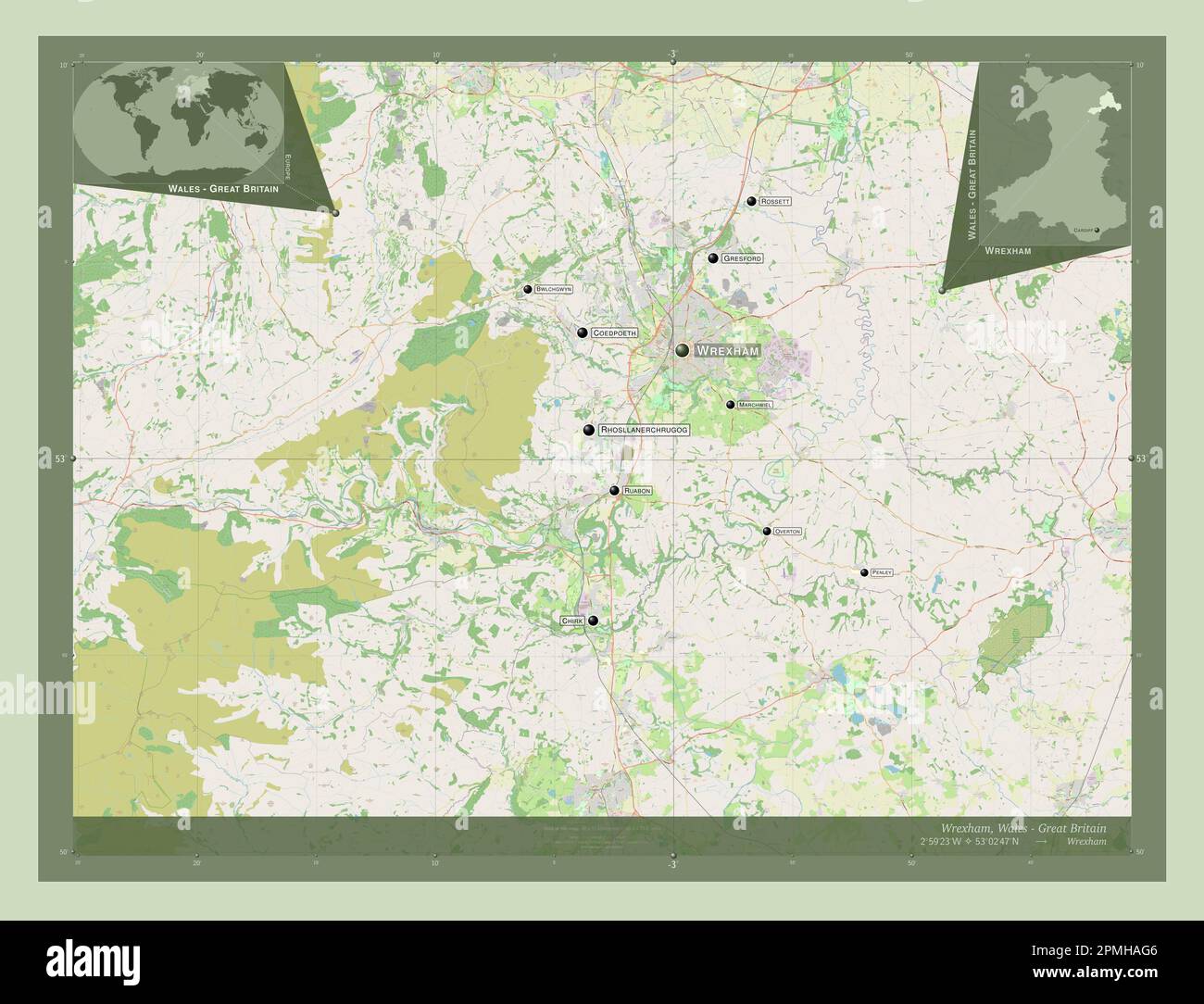Wrexham, region of Wales Great Britain. Open Street Map. Locations