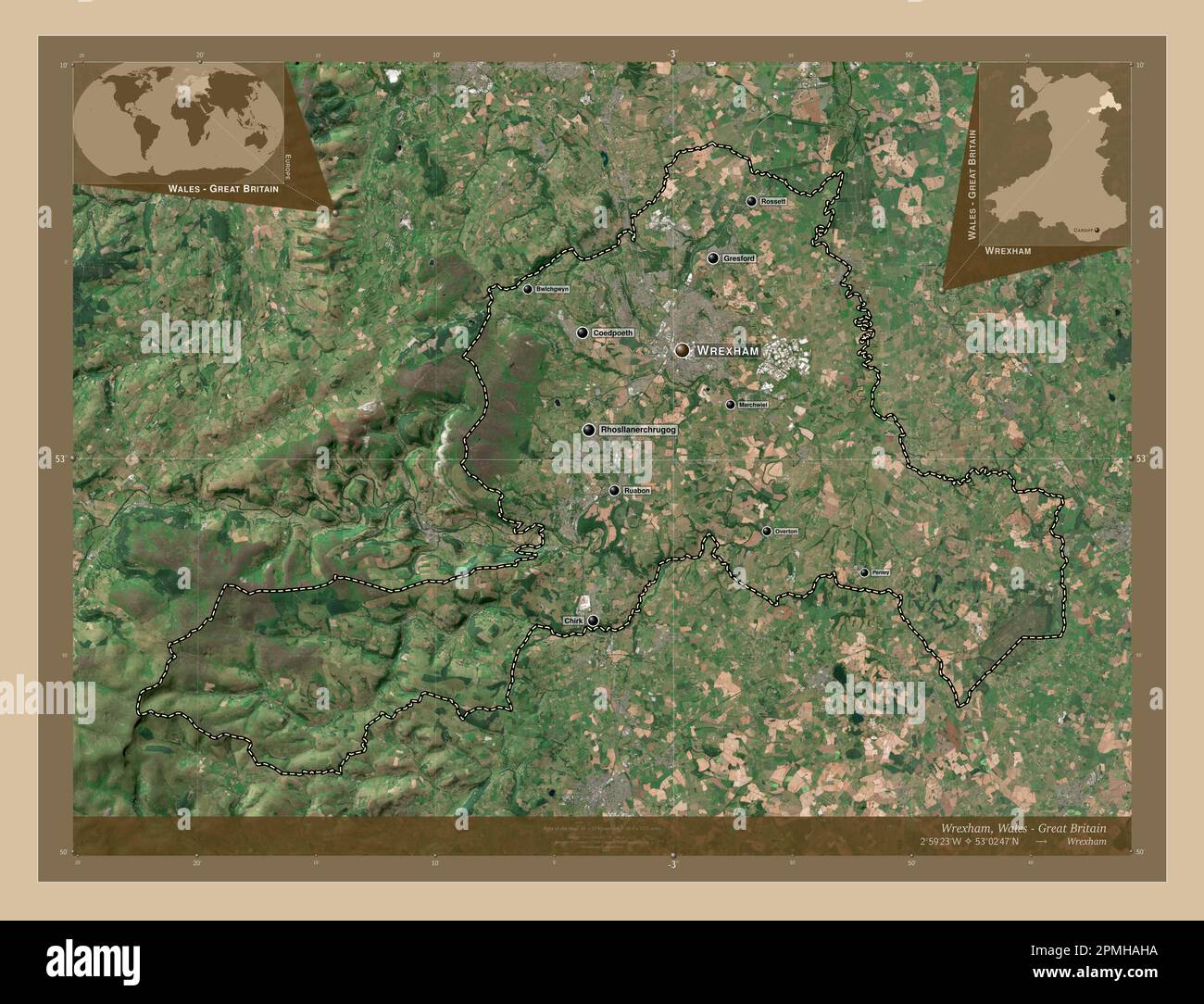 Wrexham, region of Wales Great Britain. Low resolution satellite map