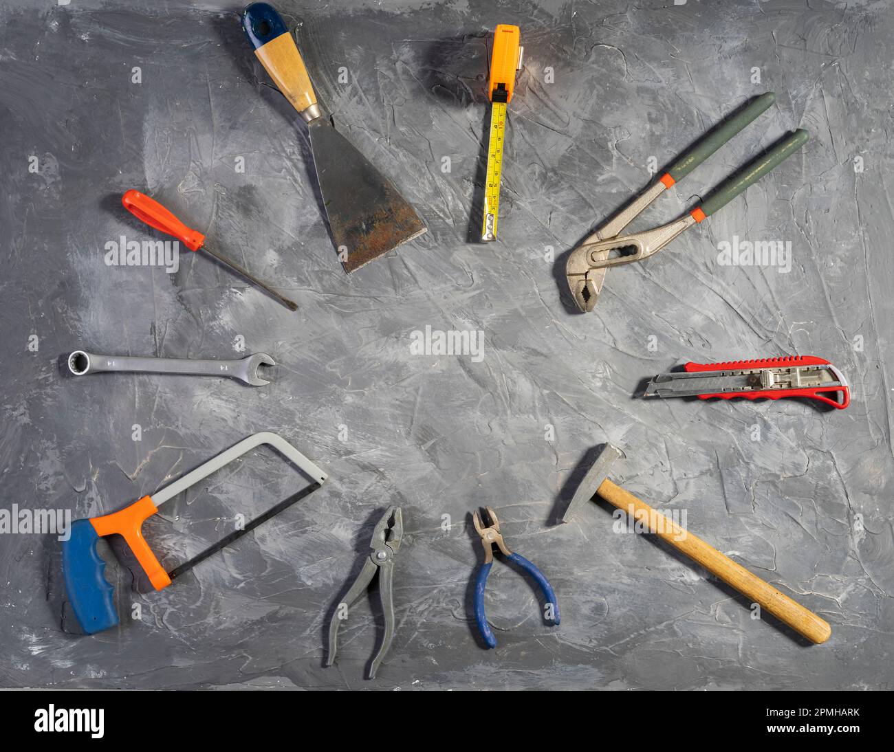 All tools supplies home construction on the gray wooden background
