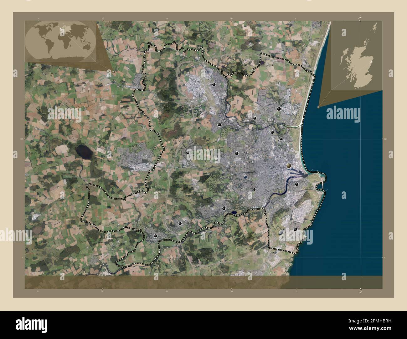 Aberdeen, region of Scotland Great Britain. High resolution satellite map. Locations of major