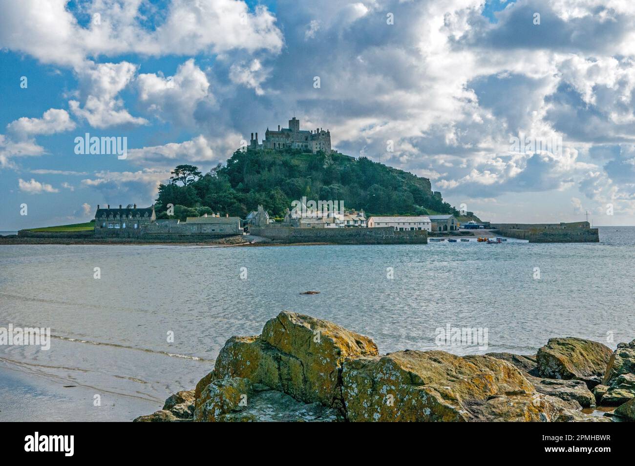 St Michaels Mount off Marazion Beack near Penzance on the south west coast of Cornwall, or Kernow as Cornwall is ofter known. Taken April Stock Photo