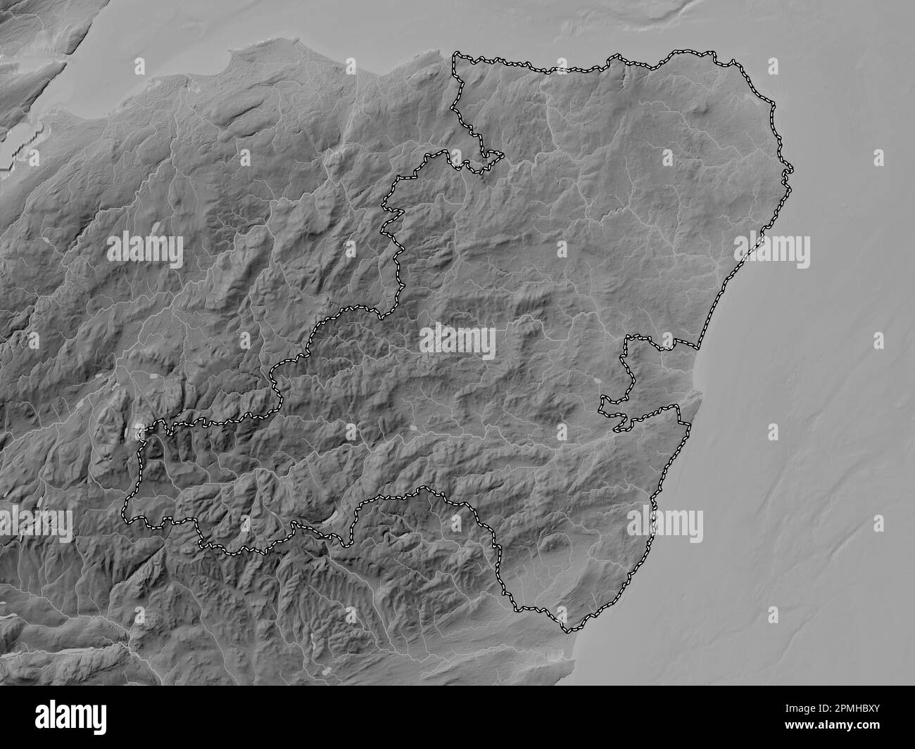 Aberdeenshire, region of Scotland Great Britain. Grayscale elevation