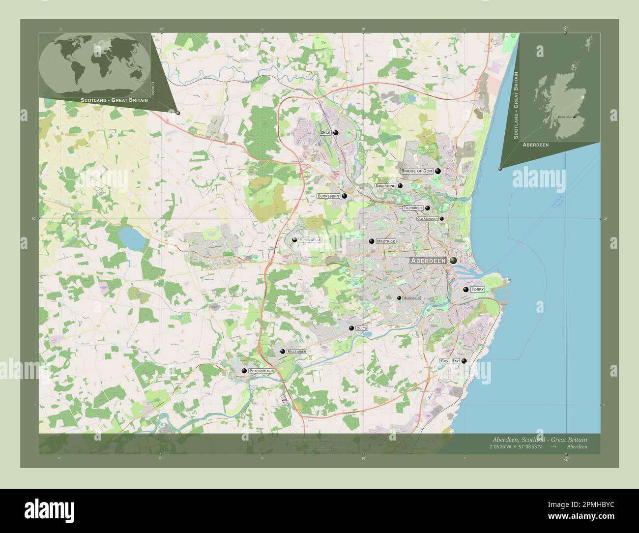 Aberdeen, region of Scotland Great Britain. Open Street Map. Locations and names of major