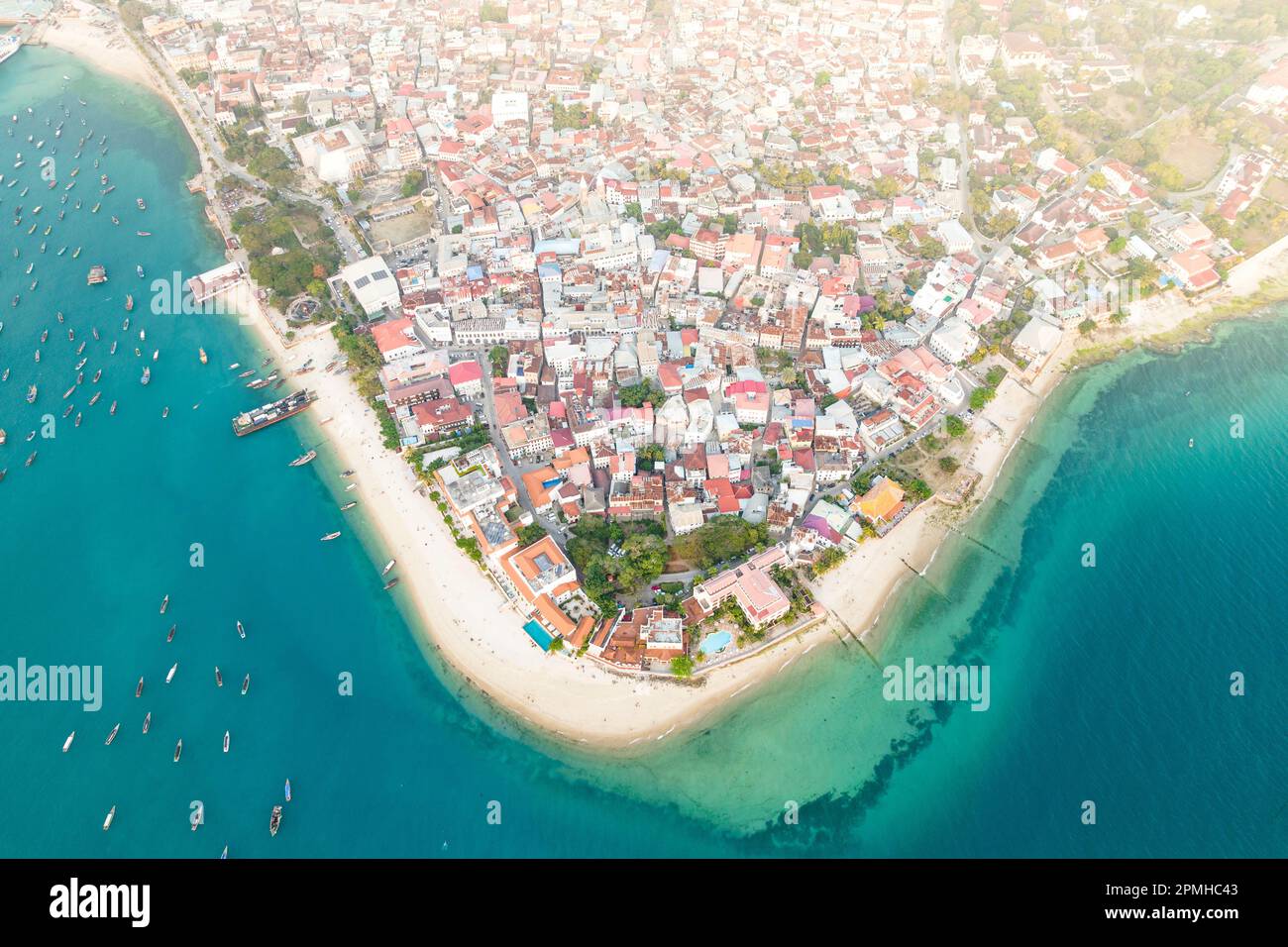Sunset over Stone Town and waterfront, aerial view, Zanzibar, Tanzania, East Africa, Africa Stock Photo