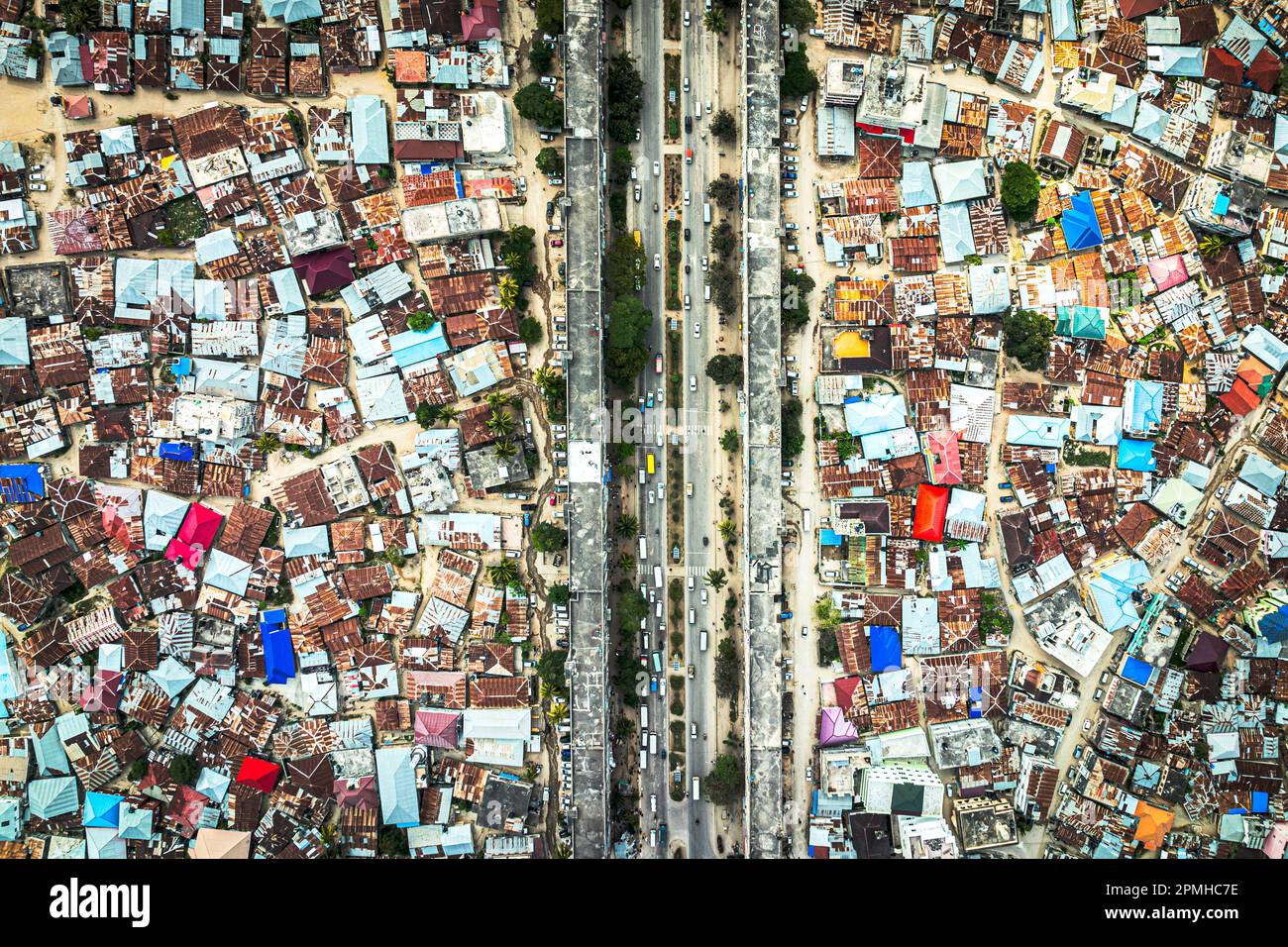 Overhead view of highway crossing the crowded city of Stone Town, Zanzibar, Tanzania, East Africa, Africa Stock Photo