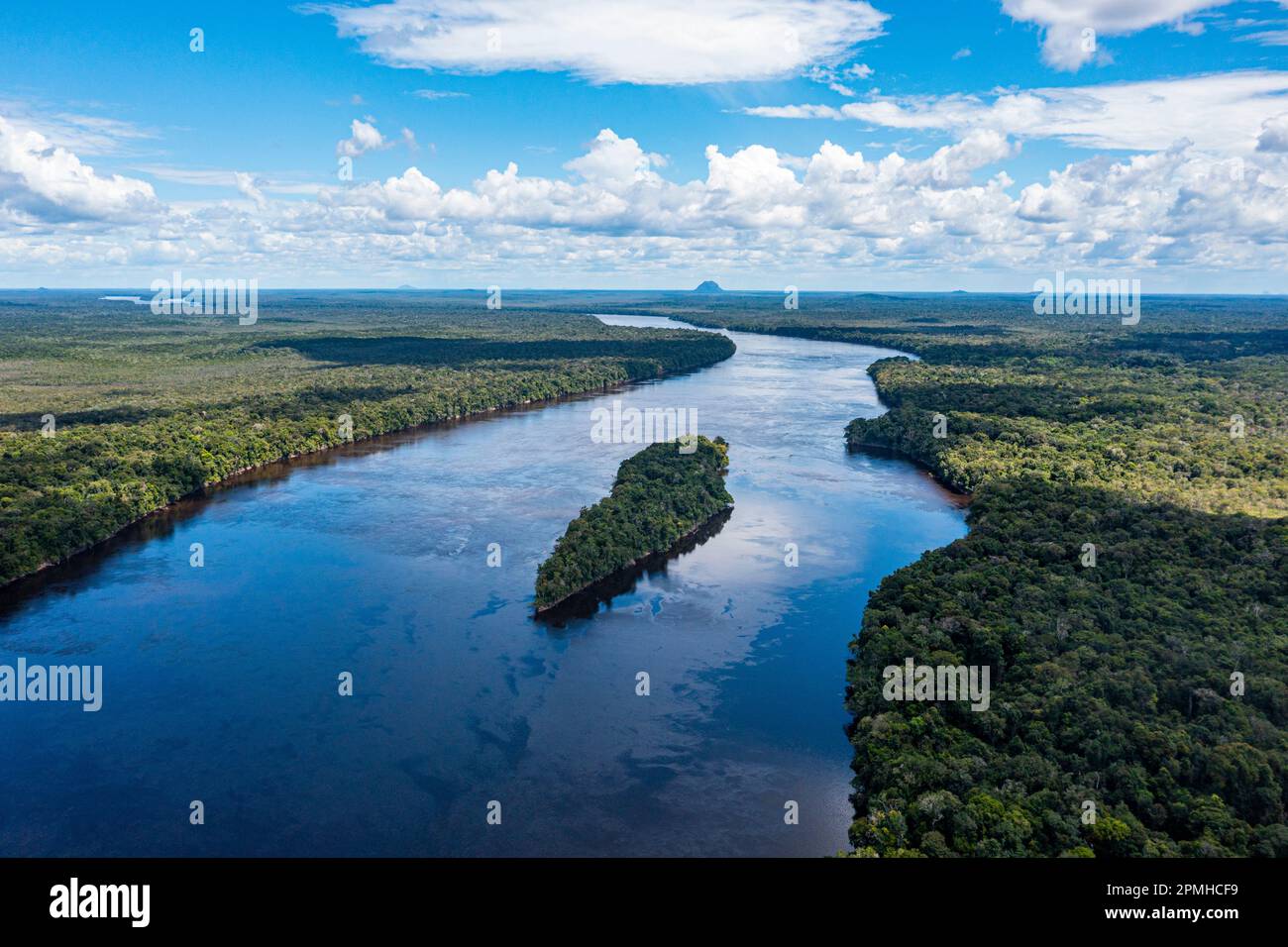 Aerial of the Casiquiare River in the deep south of Venezuela, South America Stock Photo