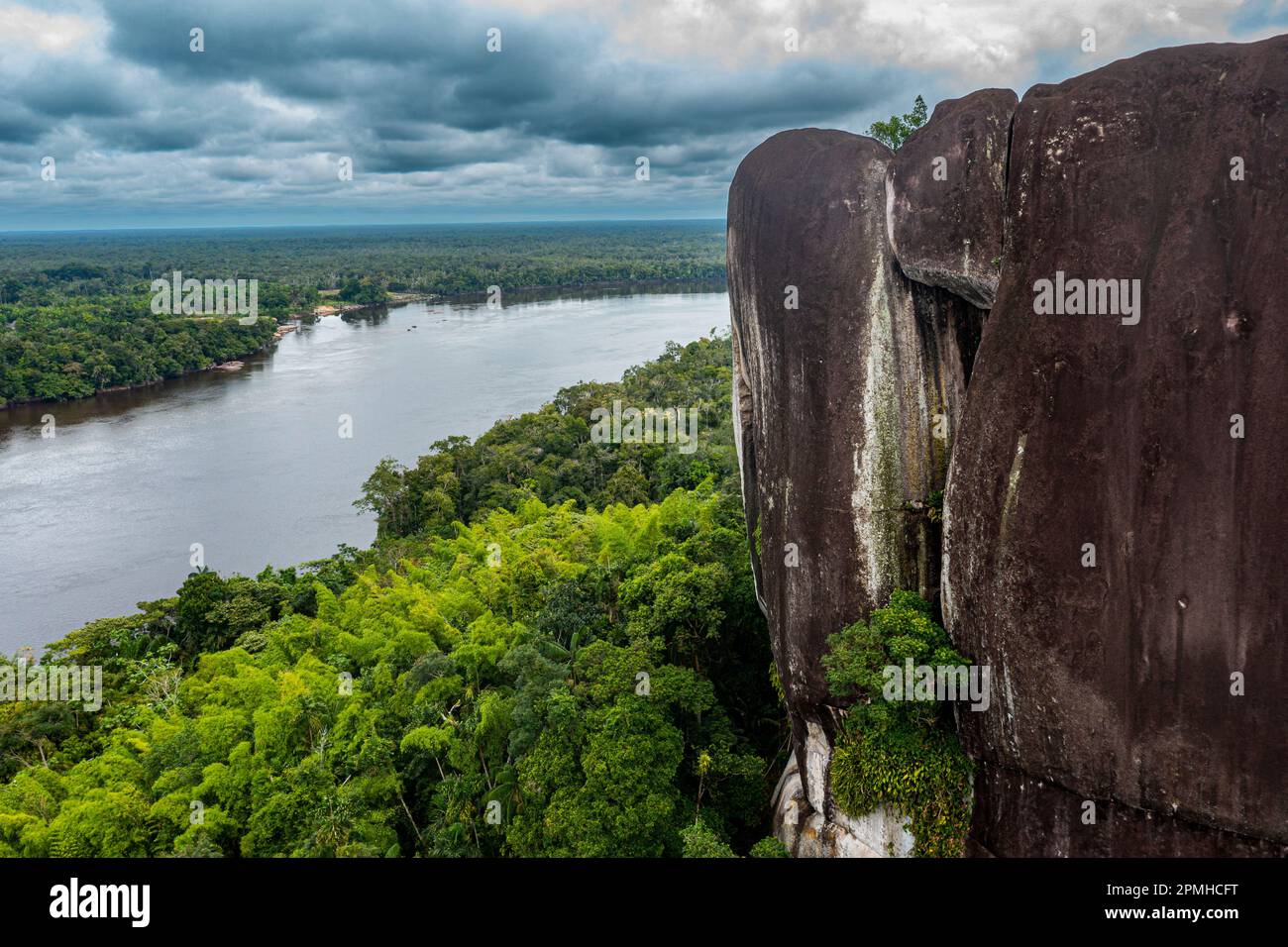 Aerial of the Curimacare Rock on the Casiquiare River in the deep south of Venezuela, South America Stock Photo