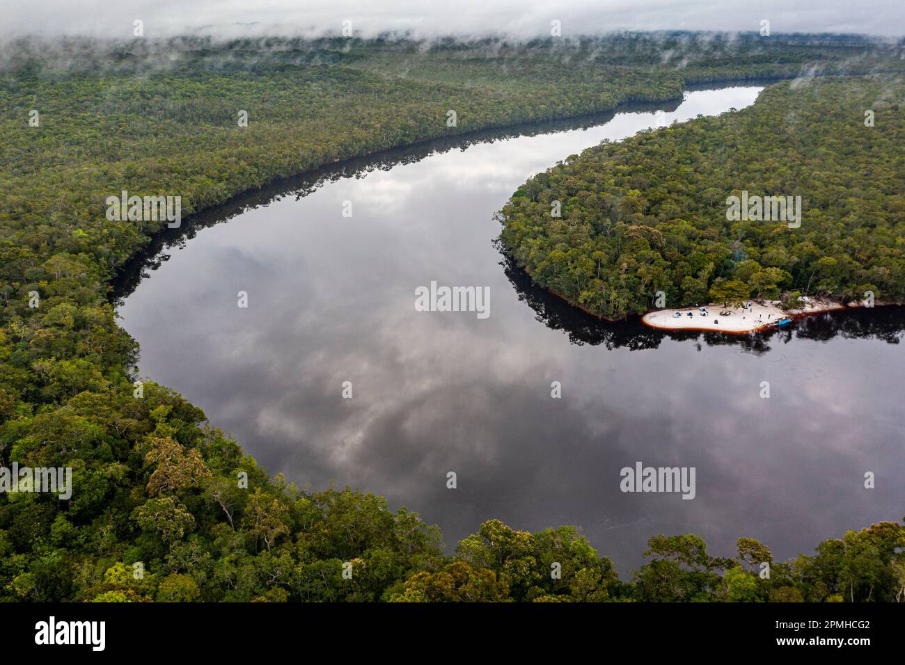 Aerial of the black Pasimoni River, in the deep south of Venezuela, South America Stock Photo
