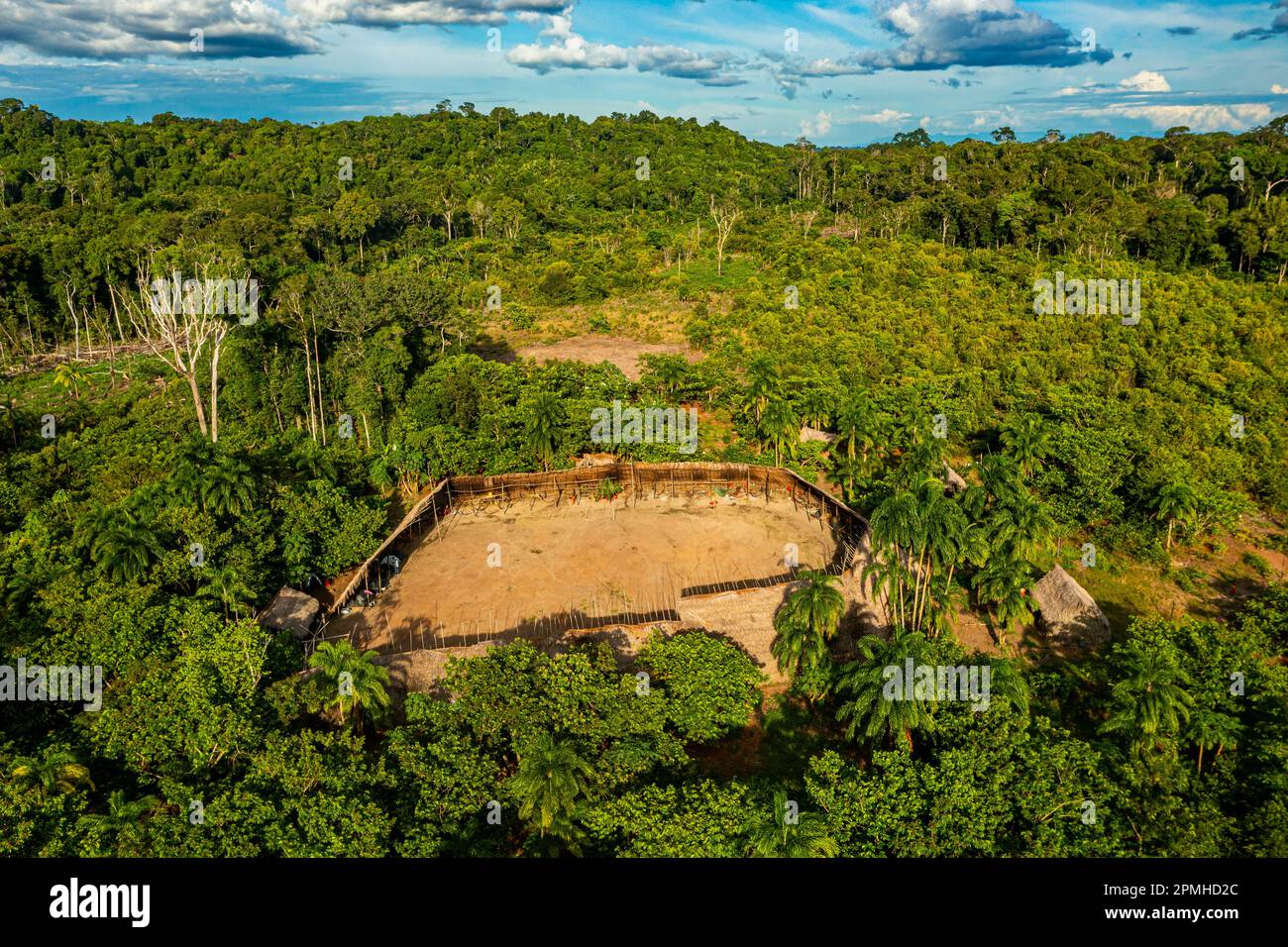 Aerial of a shabono (yanos), the traditional communal dwellings of the Yanomami tribes of Southern Venezuela, Venezuela, South America Stock Photo