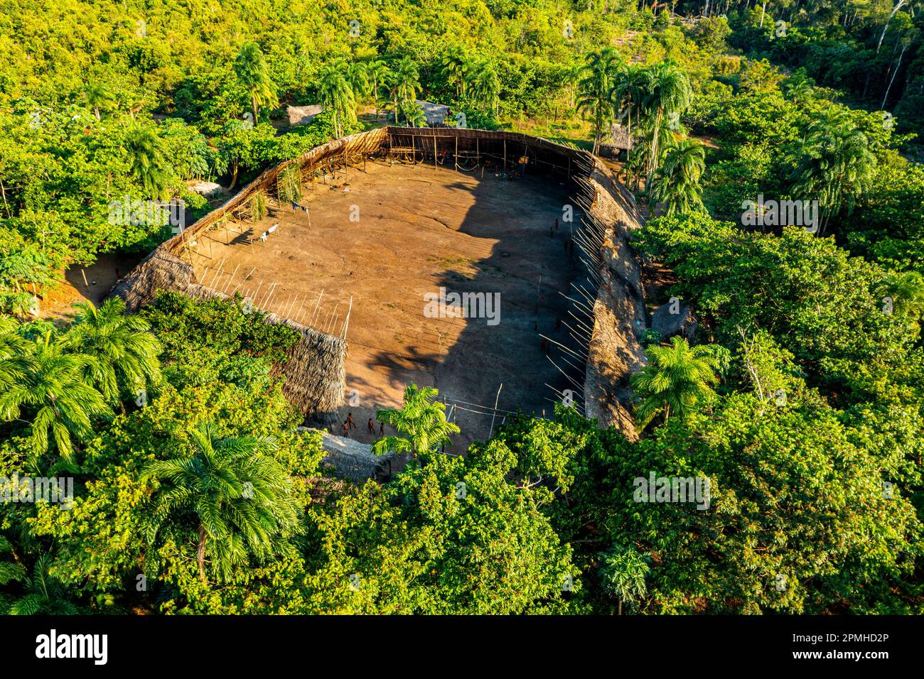 Aerial of a shabono (yanos), the traditional communal dwellings of the Yanomami tribes of Southern Venezuela, Venezuela, South America Stock Photo