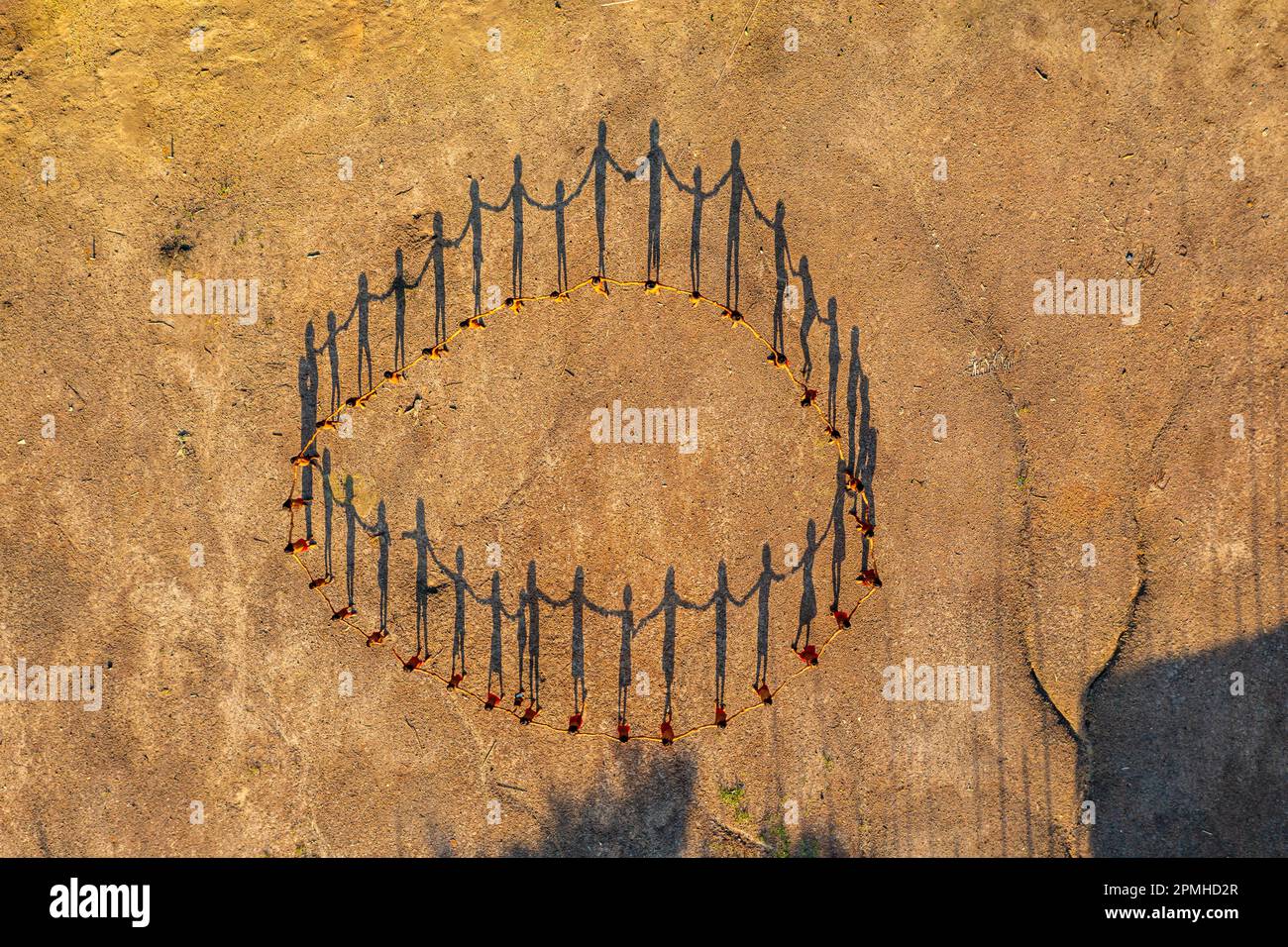 Aerial view of Yanomami tribe, in a circle, and shadows, southern Venezuela, South America Stock Photo