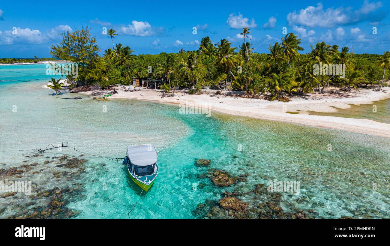 Aerial of the Blue Lagoon, Rangiroa atoll, Tuamotus, French Polynesia, South Pacific, Pacific Stock Photo