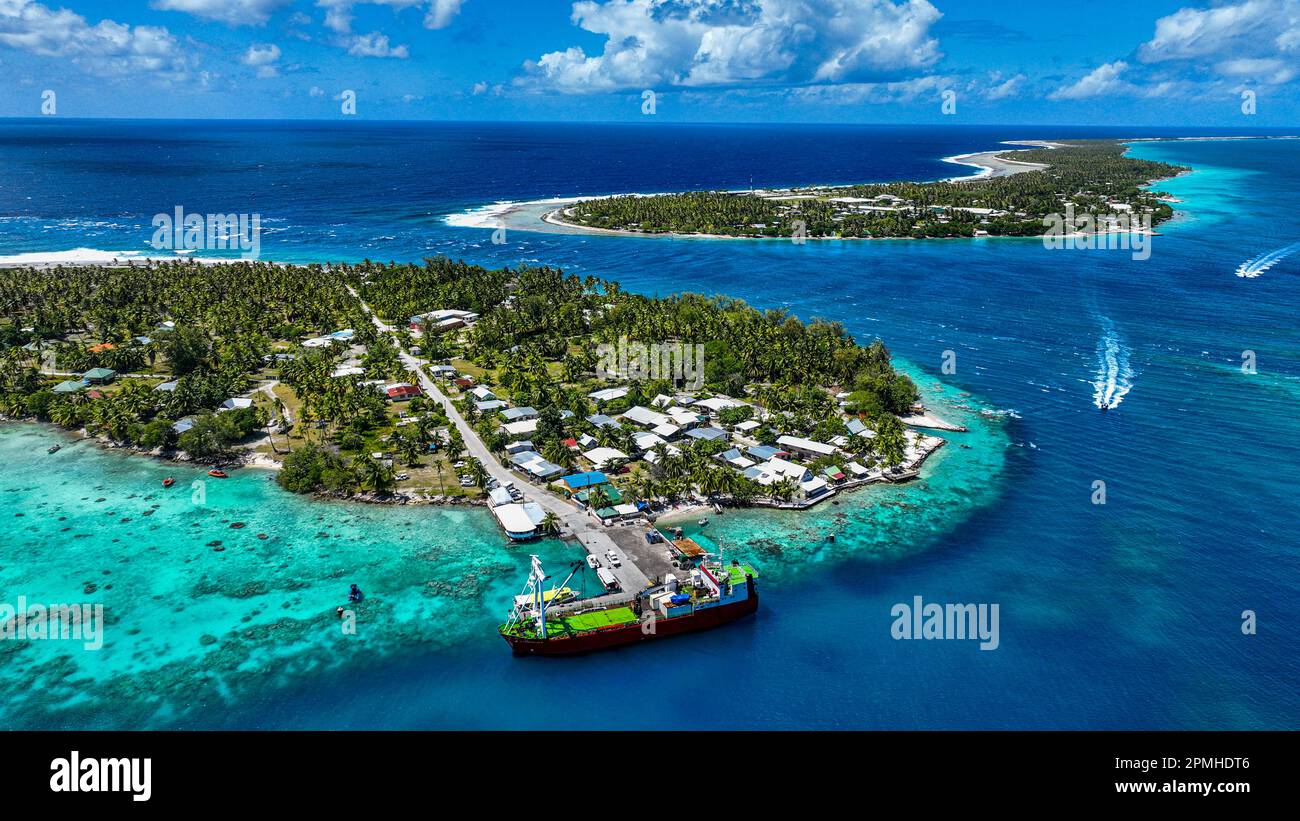 Aerial of the Rangiroa atoll and the Tiputa Pass, Tuamotus, French